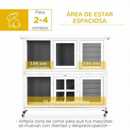 Conejera de Madera de 2 Niveles con Ruedas 2 Puertas Techo y Bandejas Extraíbles 119x50,5x109 cm Blanco y Gris [5]