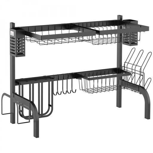 Escurreplatos de Acero de 2 Niveles para Fregadero con Diferentes Soportes y 5 Ganchos 65x31,5x52,5cm Negro [7]