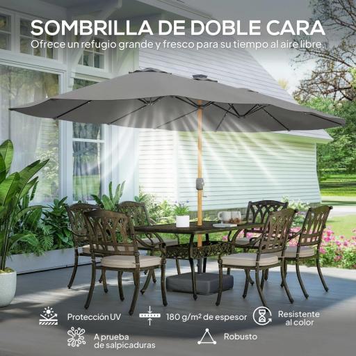 Sombrilla Doble de Jardín 4,6x2,6 m con 48 Luces LED Base Incluida Manivela Sacos de Arena Anti-UV Gris Claro [7]
