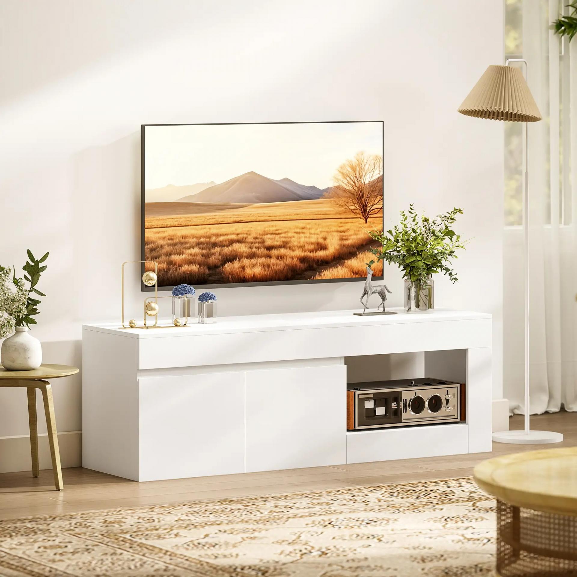 Mueble de TV Moderno para Salón con 2 Puertas Estante Abierto para Televisión 60 Pulgadas 140x40x48 cm Blanco