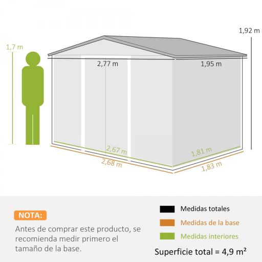 Cobertizo de Jardín 4,9 m² 277x195x192 cm con 2 Puertas Corredizas Techo Inclinado y 4 Ventanas Gris Plata [1]