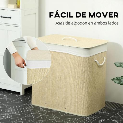 Cesto de Ropa Sucia de Bambú con 1 Compartimento Asas para Facilitar el Uso y Bolsas Desmontables Lavables 60x40x60 cm [4]