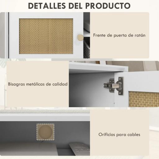 Mueble de TV de Salón Mesa para Televisores de hasta 55" con 2 Puertas de Ratán Estante Ajustable 120x35x46 cm Blanco [4]