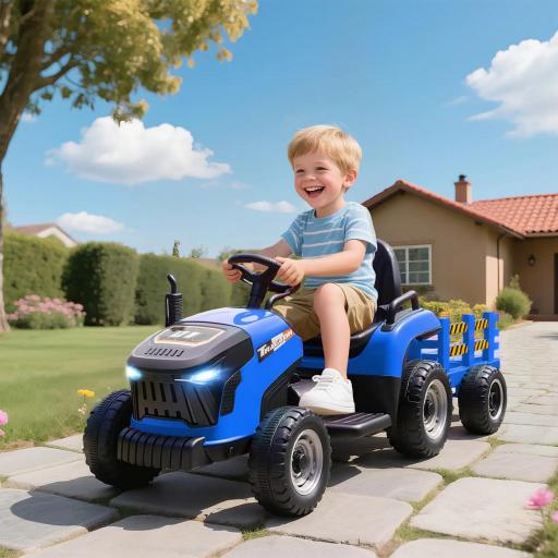 Tractor Eléctrico para Niños con Remolque Desmontable Batería 12V Velocidad 3-5 km/h, Control Remoto 2,4G Azul