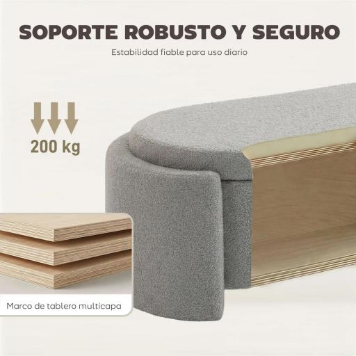 Puff Almacenaje Banco Almacenaje Ovalado 129x48,5x44 cm Tapizado en Terciopelo de Teddy Carga 200 kg Gris Claro [5]