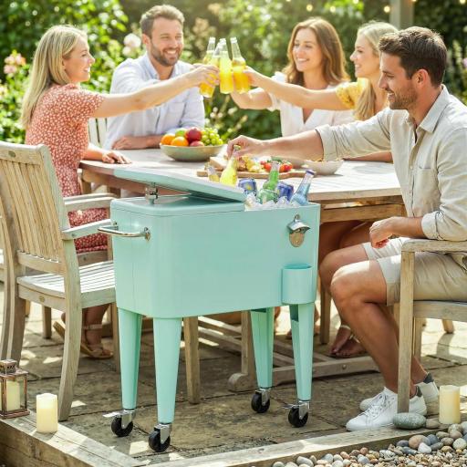 Carro de Bebidas Refrigerado 56L con Ruedas Abrebotellas Recogetapas y Asa para Patio Fiesta 75x35x78 cm Verde Claro [0]