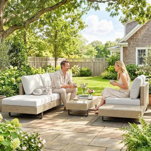 Conjunto de Jardín Exterior de Ratán de 3 Piezas con Sofá Modular de 3 y 2 Plazas Mesa Lateral Mesa de Centro Cojines [4]