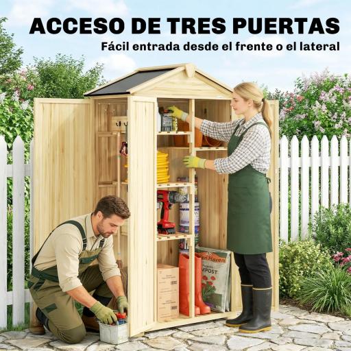 Caseta de Jardín de Madera 93x53x168 cm Armario para Herramientas con 4 Estantes 3 Puertas y Ganchos Madera Natural [6]