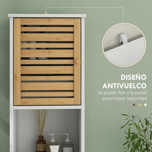Mueble Auxiliar de Baño con Estantes Ajustables y Puertas de Bambú Anti-vuelco 35x30x170 cm Blanco y Natural [4]
