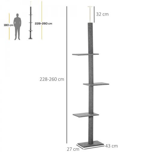 Árbol Rascador para Gatos de Suelo a Techo Torre para Gatos con Altura Ajustable 43x27x228-260 cm Gris [1]