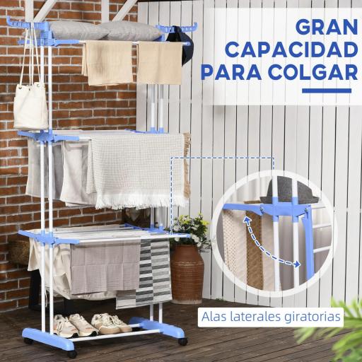Tendedero Vertical Plegable con Ruedas Tendedero de Ropa de 3 Niveles con Alas Plegables 73x64x172 cm Azul y Blanco [4]