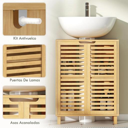 Mueble Bajo Lavabo de Bambú con 2 Puertas de Lamas Estante Ajustable para Lavabos con o sin Pedestal Natural [4]