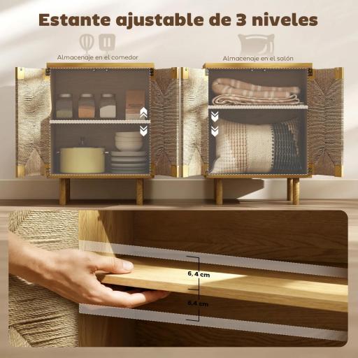 Aparador Bohemio de 2 Puertas con Cuerda Tejida a Mano Estante Ajustable Apertura por Presión Roble 60x40x78 cm [4]