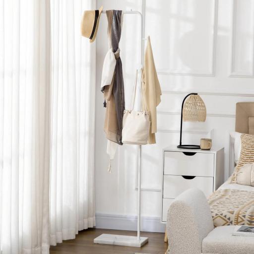 Perchero de Pie con Base de Mármol Barra y 2 Ganchos de Metal para Dormitorio Pasillo 35x25x170 cm Blanco