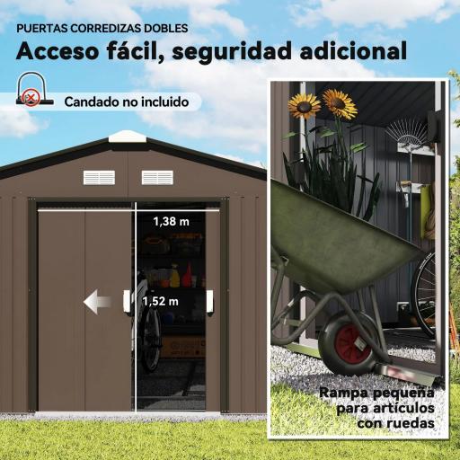 Cobertizo de Jardín Exterior 12,4 m² 340x386x200 cm con Puerta Corredera Techo Inclinado y 4 Ventanas Marrón [4]