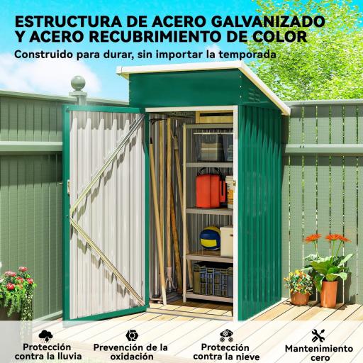 Caseta de Jardín Exterior Metálico 0,74 m² 107,5x91x185 cm con Techo Inclinado Puerta con Cerradura Ventilaciones Verde [5]