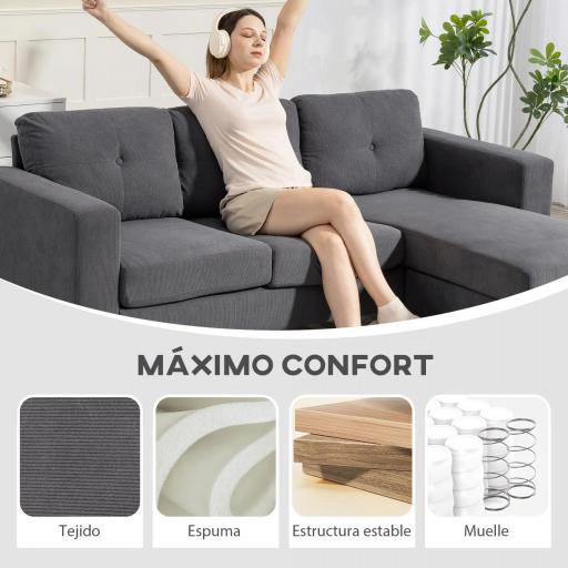 Sofá Chaise Longue Reversible de 3 Plazas Tapizado en Pana Marco de Acero para Espacios Reducidos Gris Oscuro [5]