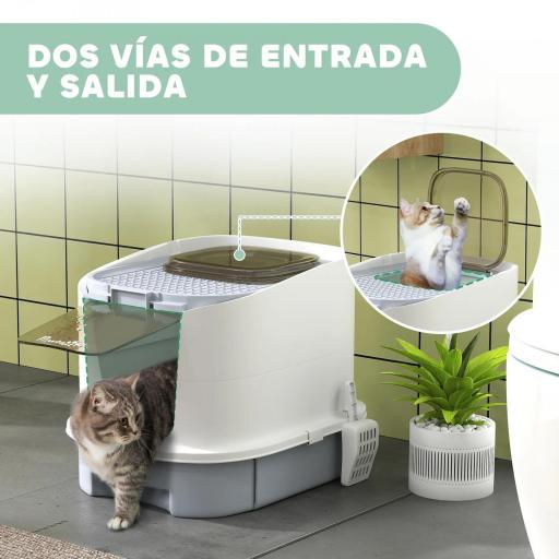 Arenero Cerrado para Gatos con Entrada Frontal Salida Superior Bandeja Extraíble y Pala 40,5x52,5x42,5 cm Blanco y Gris [4]