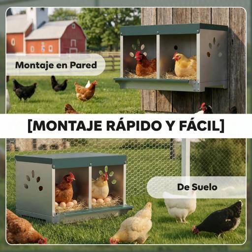 Ponedero para Gallinas de Acero Galvanizado con 2 Huecos para 2 Gallinas con Techo Impermeable y Ventilación Plateado y Verde [6]