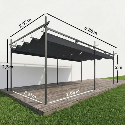 Pérgola de Jardín 6x3 m Gazebo con Techo Retráctil de Poliéster Resistente a los Rayos UV Gris Oscuro [1]