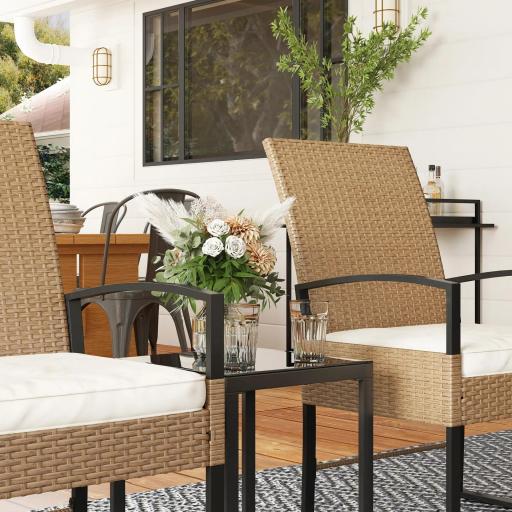 Conjunto de Jardín Exterior de Ratán de 3 Piezas con Respaldo Ajustable Cojines Acolchados y Encimera de Vidrio Beige [6]