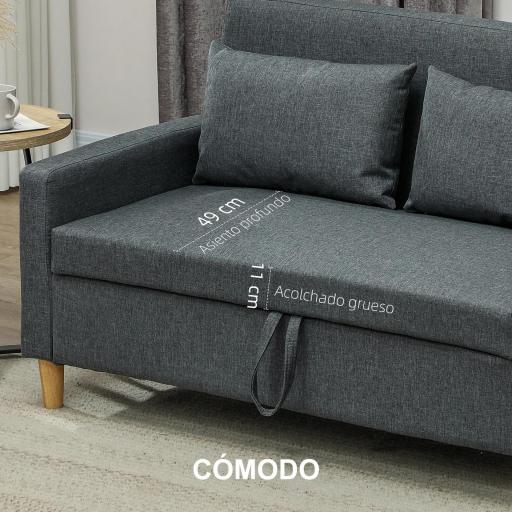 Sofá de 2 Plazas Tapizado en Lino Sintético con Espacio de Almacenaje 2 Almohadas y Patas de Madera 135x71x84 cm Gris [4]
