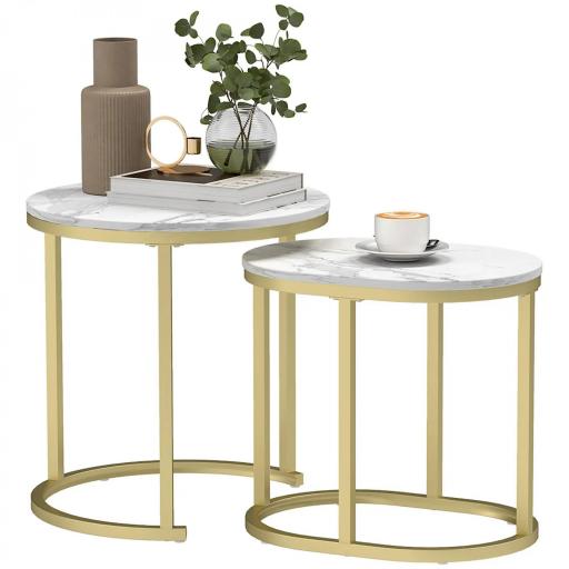 Juego de 2 Mesas de Centro Mesitas Auxiliares Tablero con Efecto Mármol Marco de Acero Dorado [8]