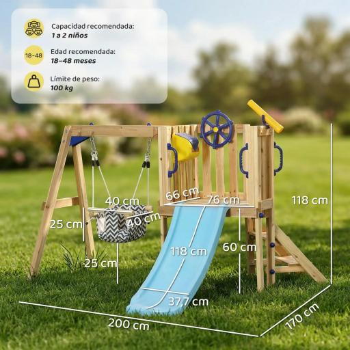 Columpio y Tobogán Infantil Exterior de Madera con Volante Telescopio para Niños de 18-48 Meses Madera Natural [1]