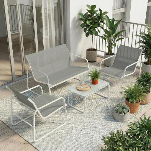 Conjunto Jardín Exterior de 4 Piezas con Sofá de 2 Plazas 2 Sillones Mesa de Vidrio Templado Tela Textilene Gris Claro [0]