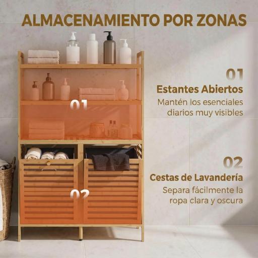 Mueble Ropa Sucia de Bambú con 2 Cestos para Ropa Sucia Inclinables 38,7 L y 3 Estantes 80x30x118 cm Roble [7]