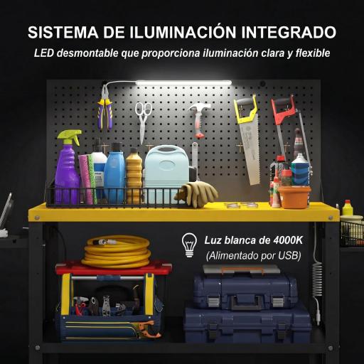 Banco de Trabajo con Panel Perforado Mesa de Trabajo con Enchufes Luz LED Ruedas Marco de Metal Negro y Amarillo [7]