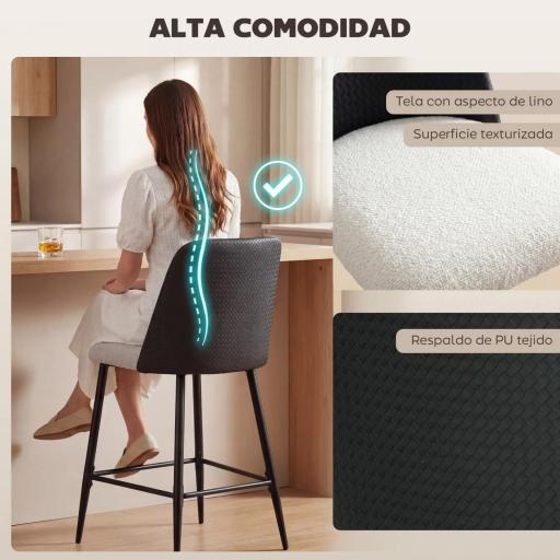 Juego de Taburetes Altos de Cocina con Respaldo y Reposapiés Tapizados de Lino y PU Marco de Acero Negro [4]