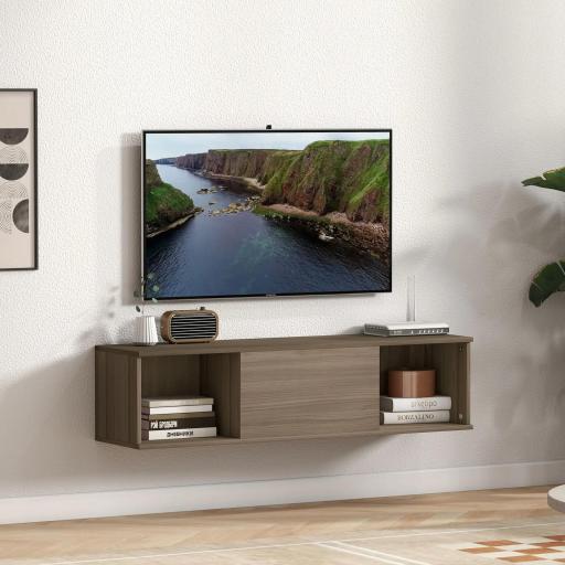 Armario de Pared Mueble de TV Colgante con 2 Compartimentos Abiertos y Puerta Abatible 120x30x29,5 cm Marrón