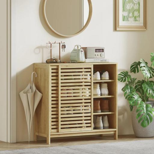 Armario de Baño de Bambú con 2 Puertas Correderas Diseño de Lamas 4 Estantes Mueble Auxiliar de Baño 80x34x80 cm Natural [6]