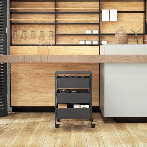 Carrito Auxiliar con Ruedas con 3 Cestas para Almacenamiento y Marco de Acero para Cocina Baño 40,8x33,5x60,5 cm Negro [3]