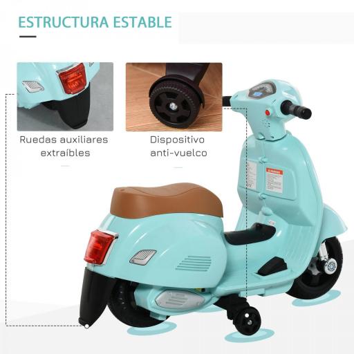 Motocicleta Infantil con Faro Bocina y 4 Ruedas Moto Eléctrica Vespa para Niños con Licencia 66,5x38x52 cm Verde [5]