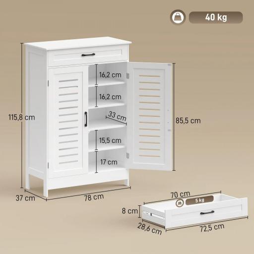 Armario para Zapatos con Puertas de Rejilla Cajón y Estantes Ajustables para 20 Pares de Zapatos 78x37x115,8 cm Blanco [1]