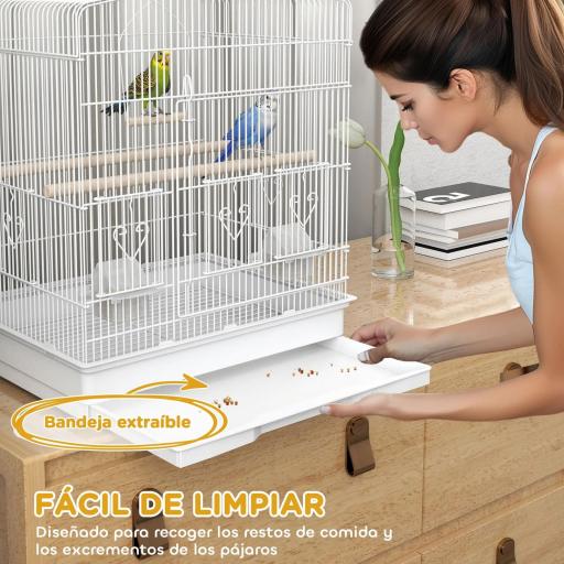 Jaula para Pájaros Pajarera de Acero con 2 Comederos 2 Perchas Columpio y Bandeja Extraíble Asa 46,5x36x59 cm Blanco [6]