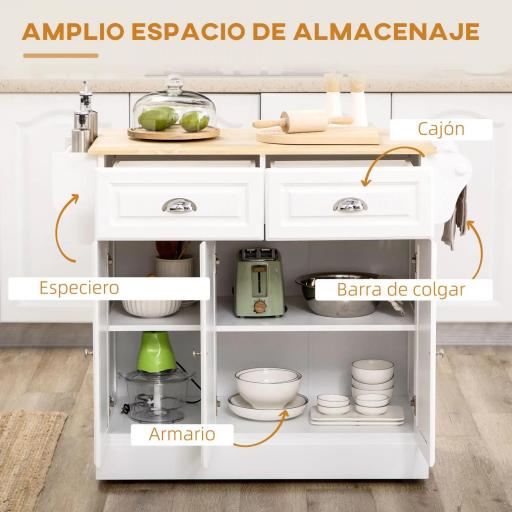 Carro de Cocina con Ruedas Isla de Cocina con 2 Cajones Especiero y Barra para Colgar 110x45x91 cm Blanco [4]
