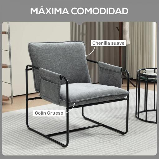 Butaca Moderna para Relax con Tapizado en Chenilla Estructura de Acero y Reposabrazos con Bolsillos 68x76x81 cm Gris [2]