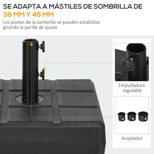 Soporte para Parasol Rellenable de Agua 30 kg y Arena 40 kg para Poste de Paraguas de Ø38/48 mm 49x49x36,5 cm Negro [3]