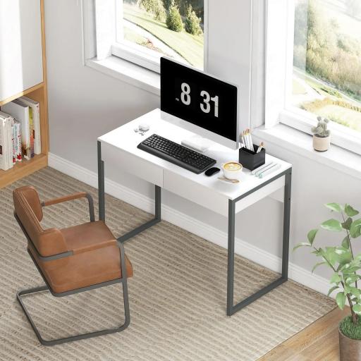 Escritorio con 2 Cajones 100x50x75 cm Mesa de Ordenador Patas de Acero para Casa Espacios Pequeños Blanco Brillante [7]