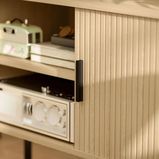 Mesa de TV con 2 Puertas Correderas Tipo Persiana 2 Estantes Abiertos para Televisores de 55 Pulgadas 120x40x55 cm Roble [7]