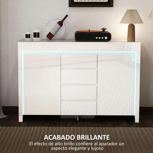 Aparador de Salón con Luces LED 4 Cajones Cierre Suave Estantes Ajustables y Mando a Distancia 120x34x80cm Blanco Brillo [8]