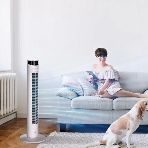 Ventilador de Torre Oscilante 45W con Control Remoto Temporizador de 12 h 3 Velocidades Pantalla LED Ø31,5x93 cm Blanco