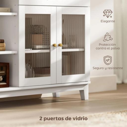 Aparador para Salón con 2 Puertas de Vidrio Cajón Compartimentos Abiertos y Estantes Ajustables 100x35x80,3 cm Blanco [3]