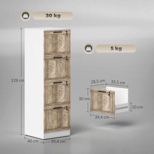 Cajonera de Escritorio con 4 Cajones Cerradura 2 Llaves Barras Colgantes para A4 Carta 39,4x40x129 cm Blanco y Madera [6]