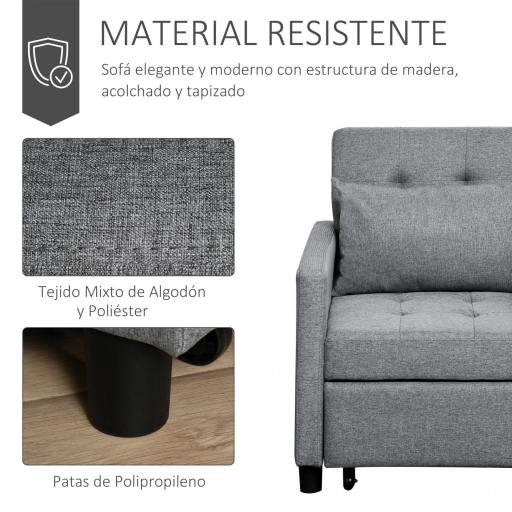 Sofá Cama de 1 Plaza Tapizado en Lino con Respaldo Ajustable de 3 Niveles y Almohada Acolchada 69x82,5x84 cm Gris [3]