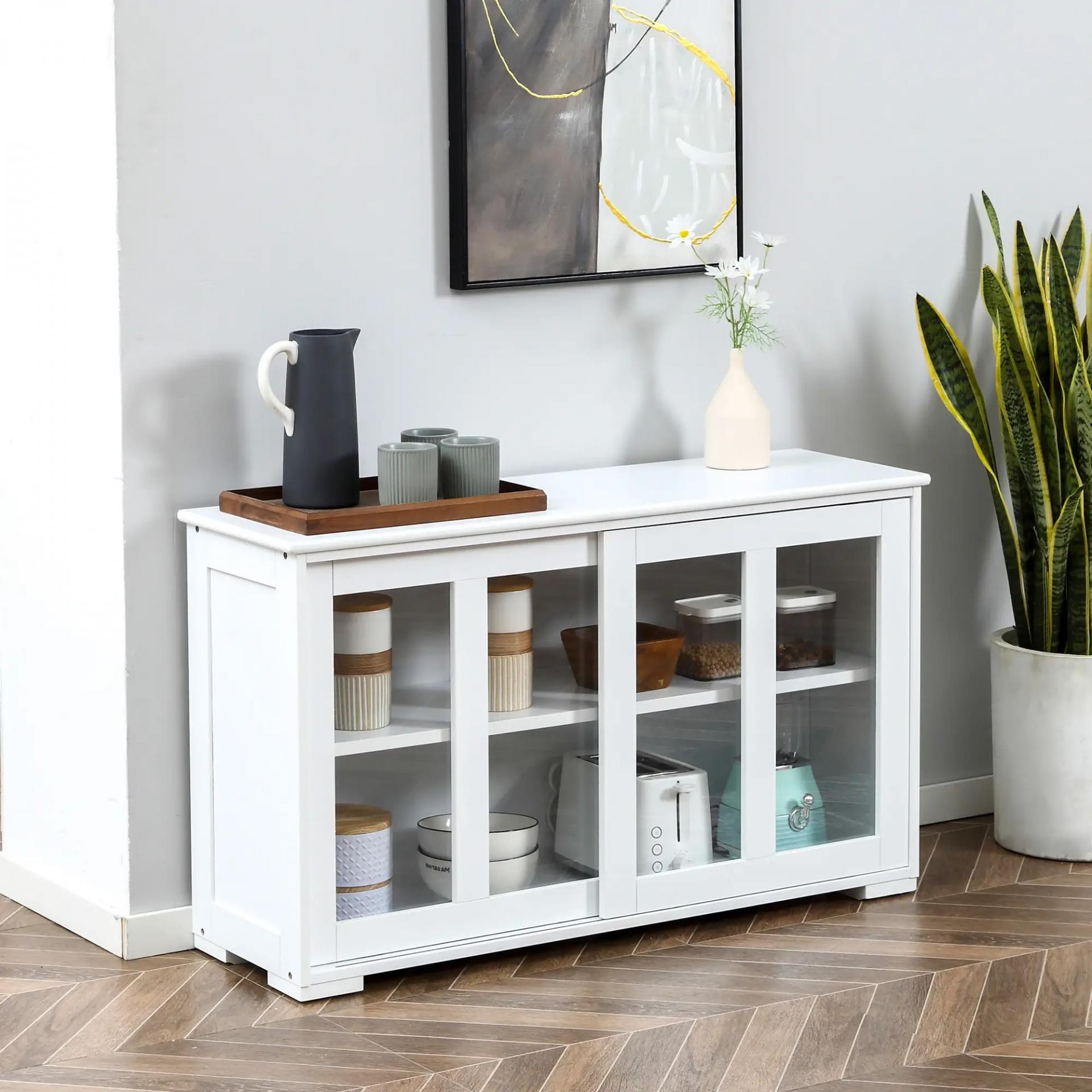 Aparador de Cocina Moderno Mueble Auxiliar con 2 Puertas Corredizas de Vidrio y Estante Ajustable 107x33x62,5 cm Blanco
