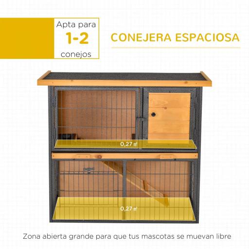 Conejera de Exterior de Madera Jaula para Mascotas Pequeñas 2 Niveles con Rampa Bandeja Extraíble Puertas con Cerraduras 89,5x45x81 cm Madera y Gris [3]